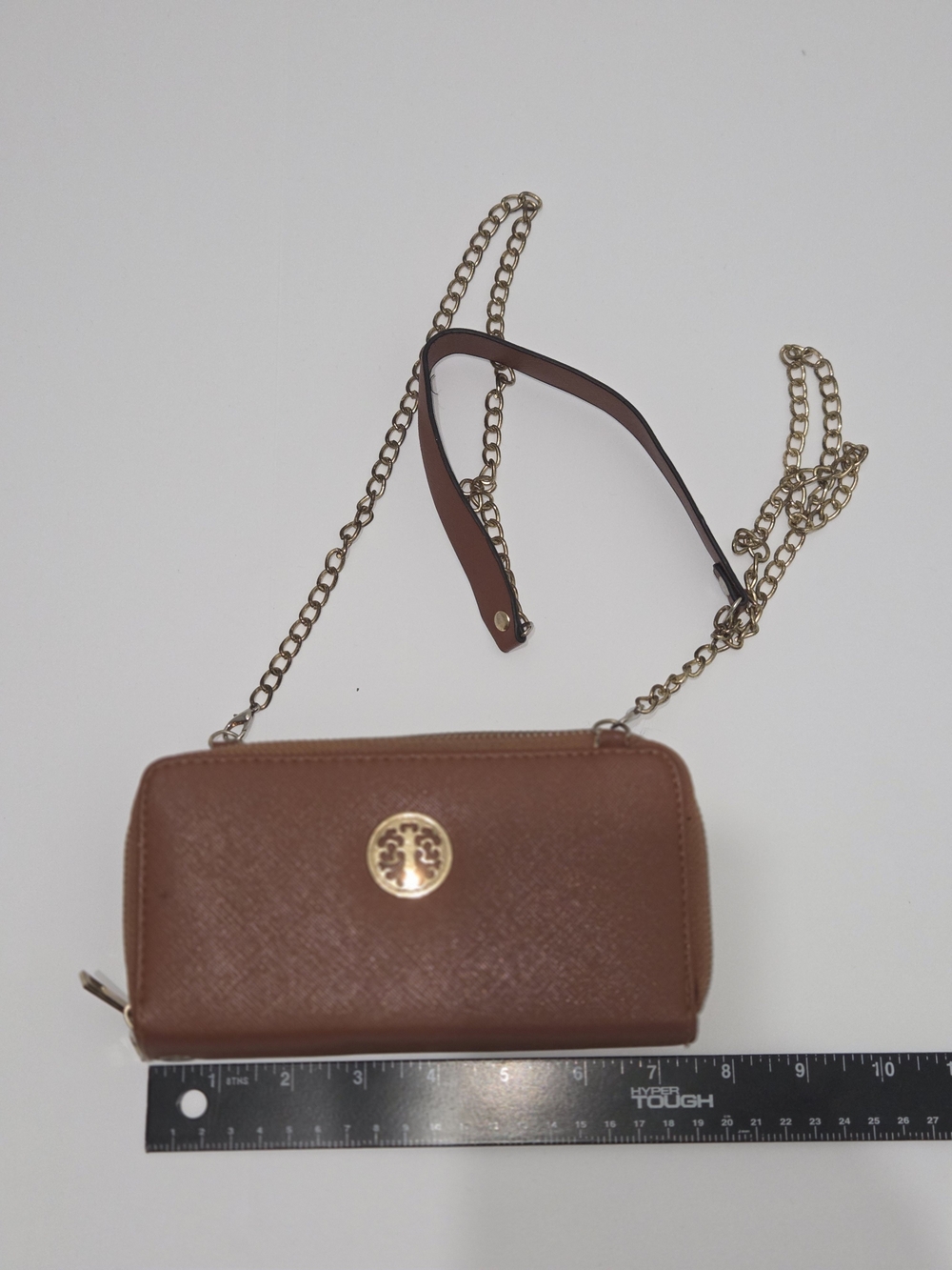 Brown Leather Crossbody Wallet with Gold Chain